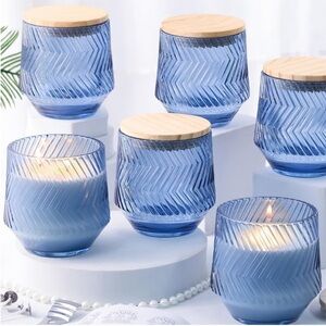 Blue Glass Candle Holders with Wooden Lids